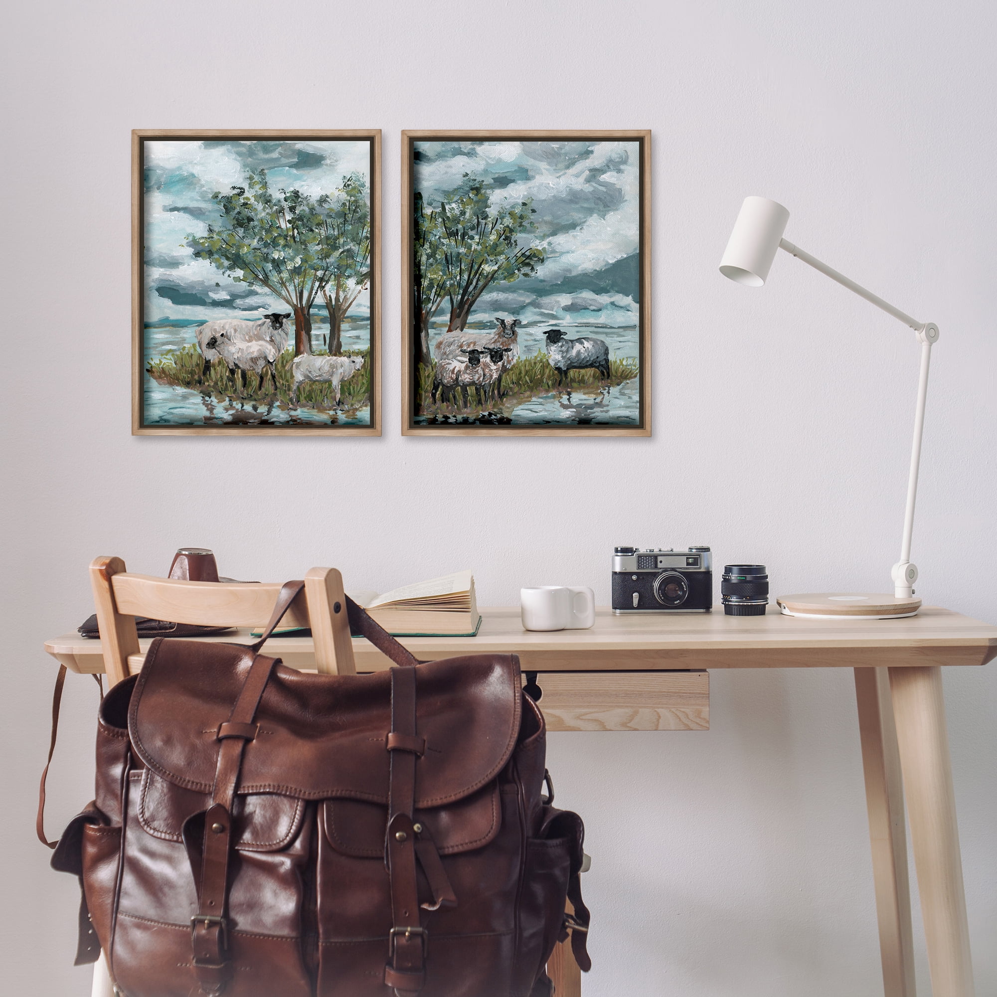 Stupell Industries Sheep in Field Landscape & Nature Painting Brown Floater Framed Canvas Art Print Wall Art, 17 x 21, Set of 2