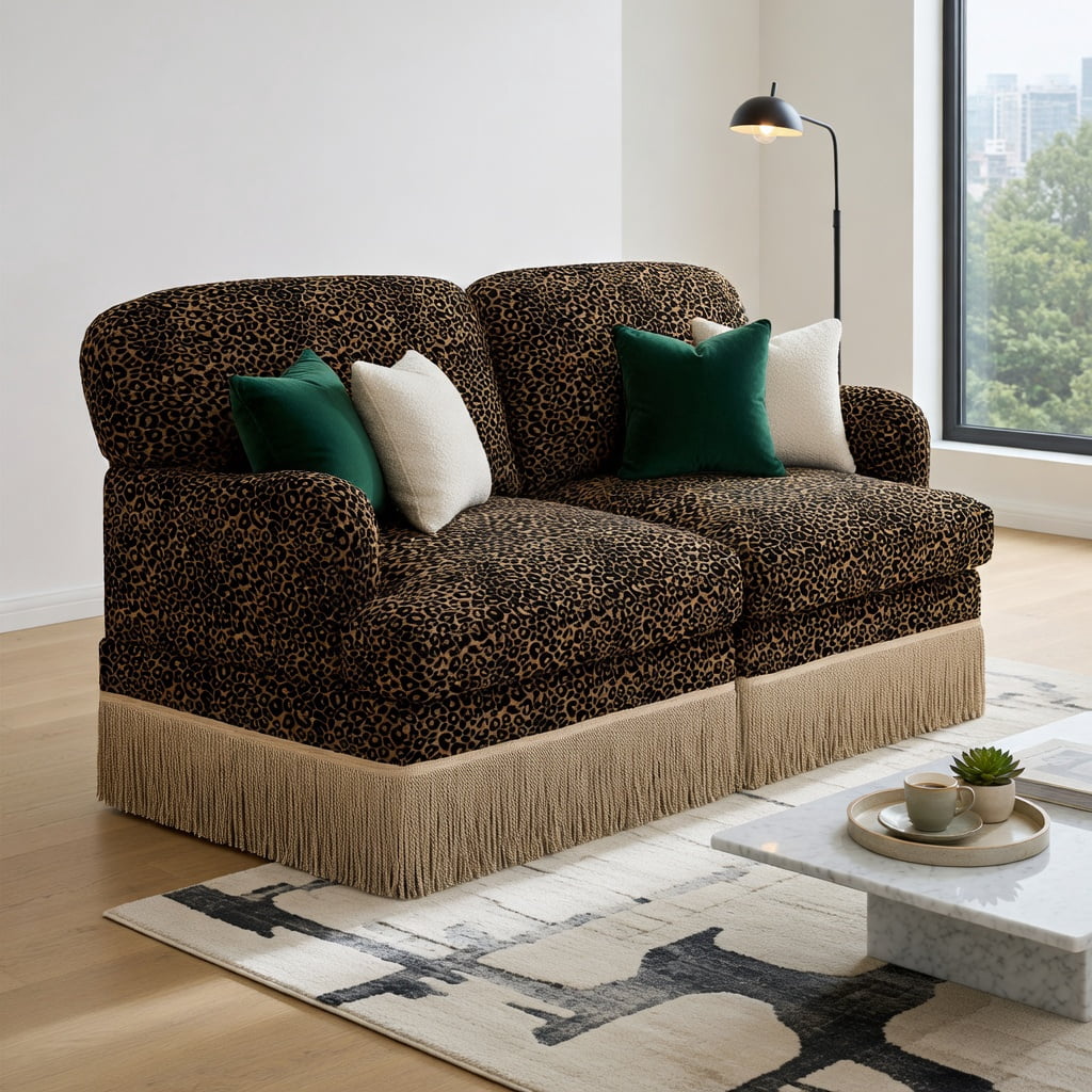 Hommoo Leopard Print Chenille Loveseat Sofa with Tassel Trim, 2-Seat Modular Sectional Couch, Ergonomic Deep Seat Design, Easy Assembly, Modern Living Room Sofa, Brown