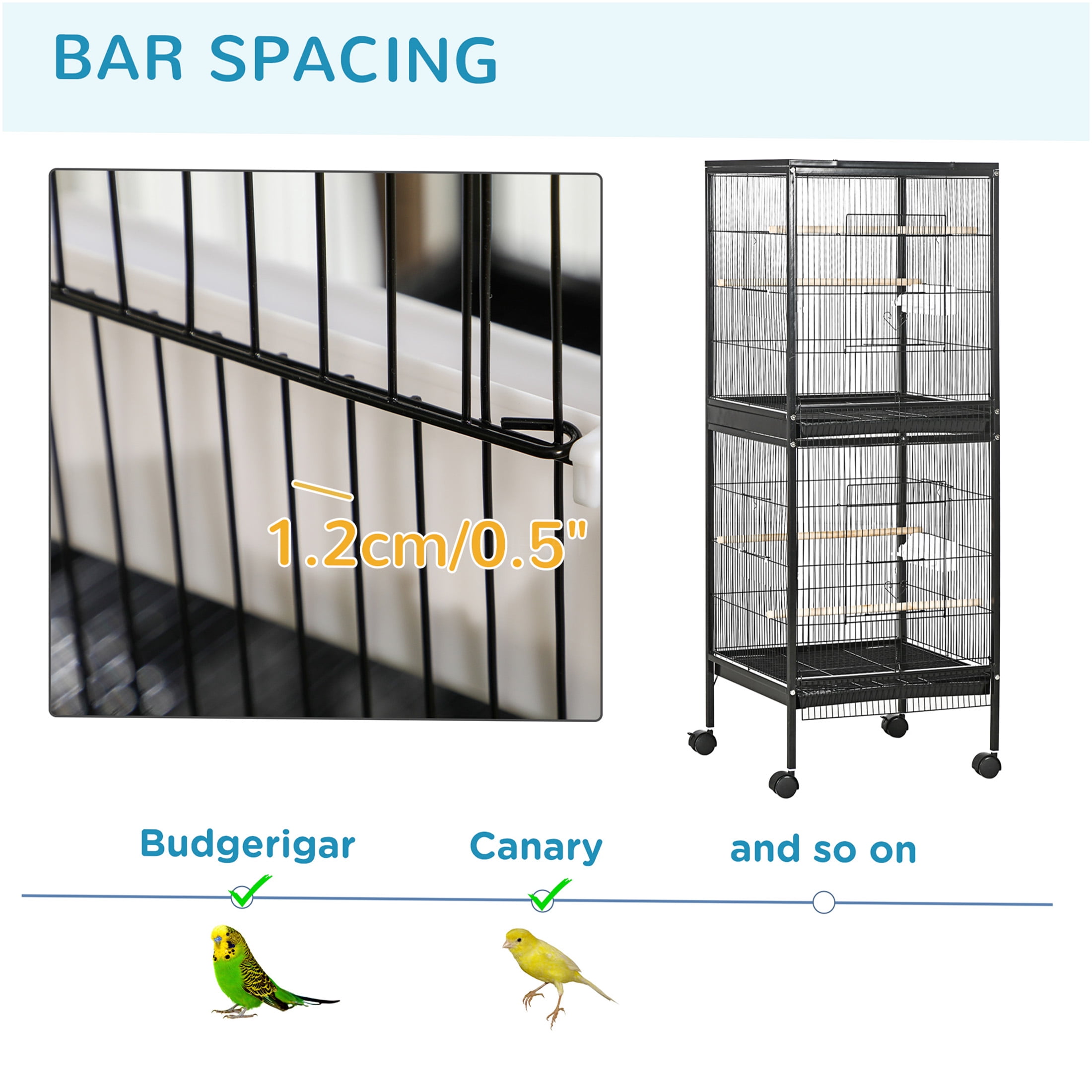 JERFIT 55" Large Black Wood Bird Cage for Parakeets, Canary & Conure - Wide 20.5" Flight Aviary with 4 Wheels, Multi-Doors & Easy Clean Tray