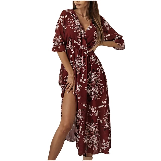 Vestido maxi largo floral con estampado de línea A de media manga suelta con cuello en V bohemio a la moda para mujer Fridja NMB4065