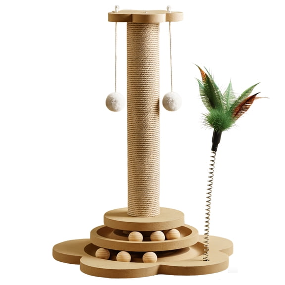 18.1 in Solid Wood Cat Scratching Post with Sisal-Covered, Rolling Balls, and Feather Teaser - Interactive Cat Scratcher for Play, Scratch, and Rest, Protects Furniture