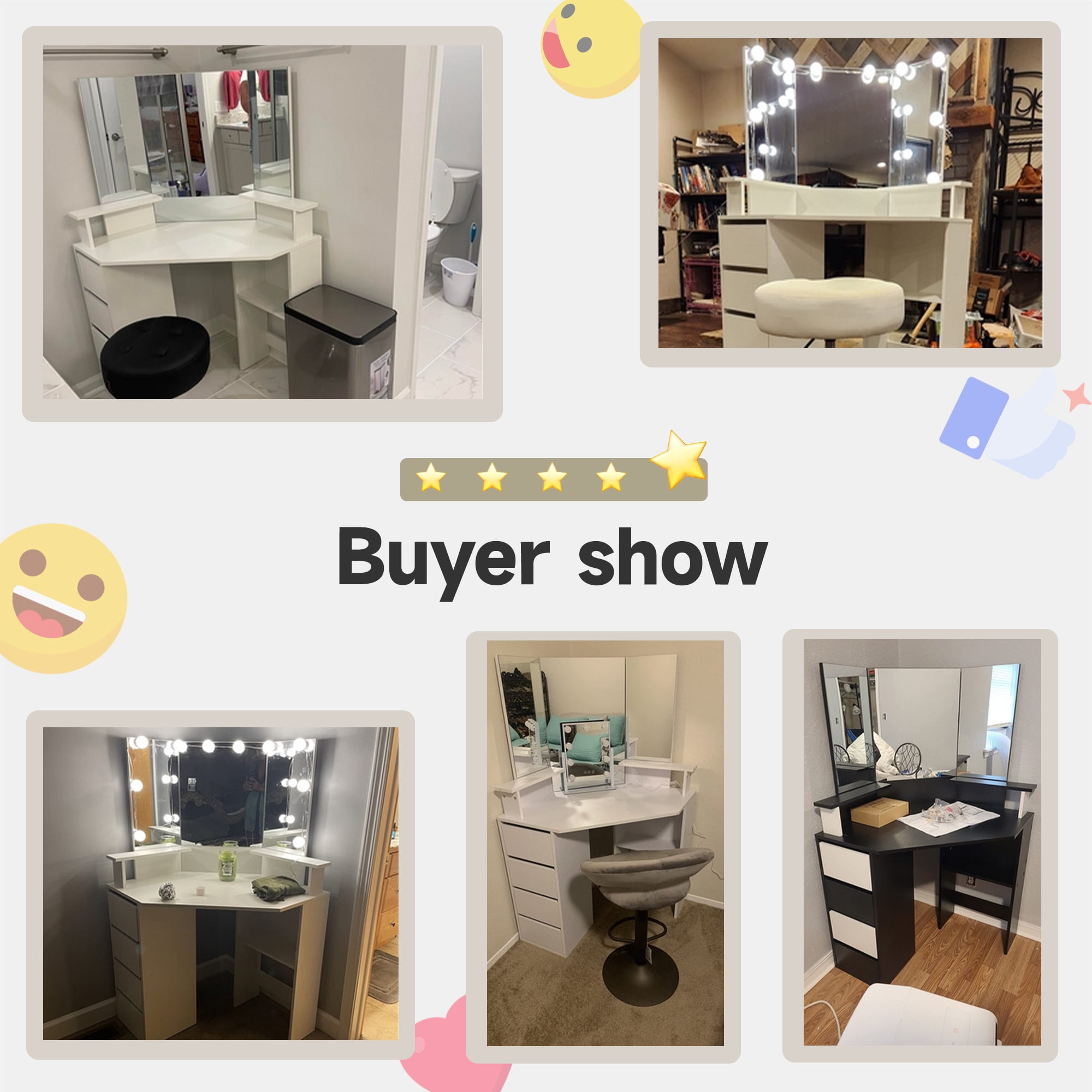 Veanerwood White Corner Vanity Desk with Mirror and Light,Makeup Table with 4 Drawers and Charging Station for Bedroom