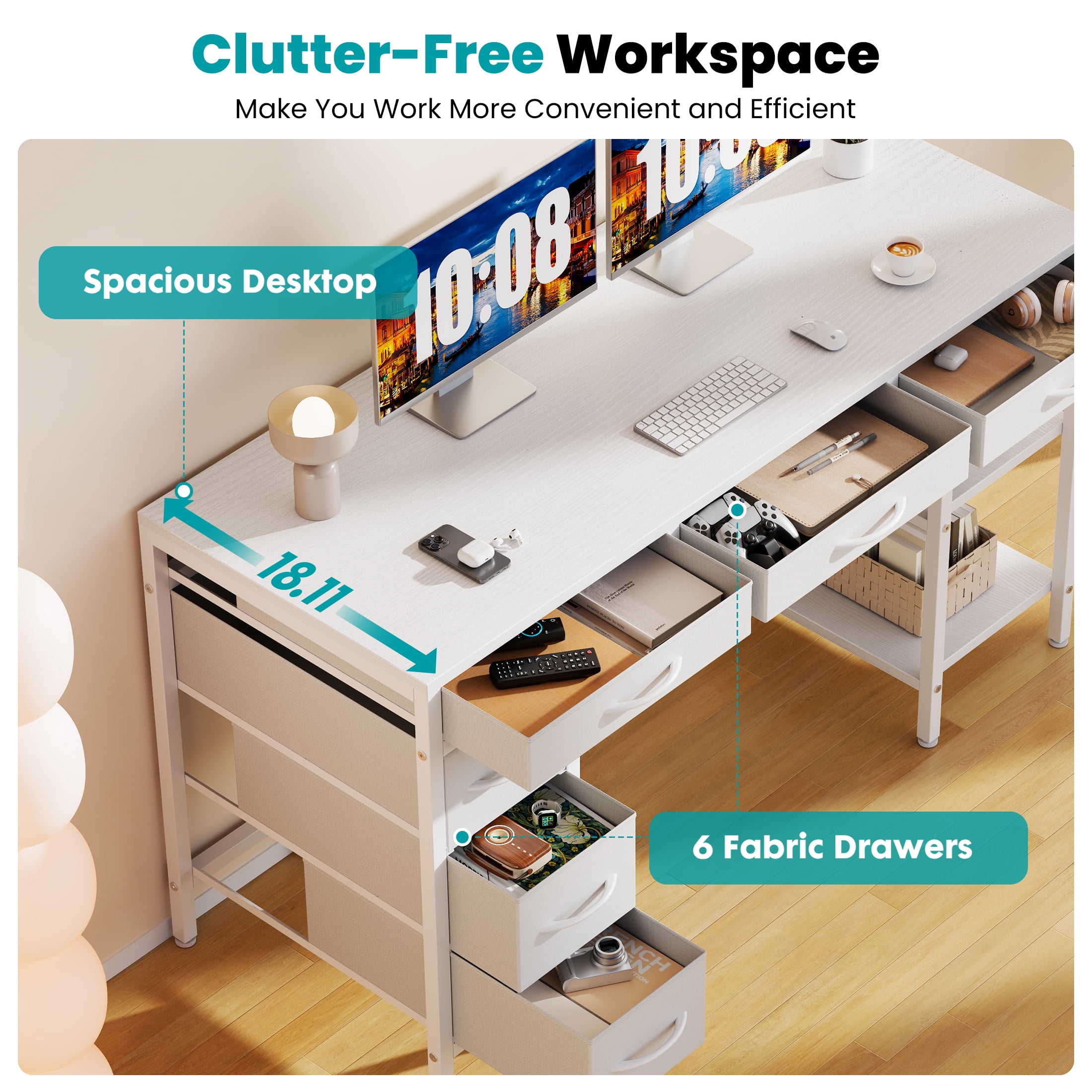 EDX 55 Inch Computer Desk with Fabric Drawers & Storage Shelves,Small Home Office Desk Study Table for Home office Bedroom,White