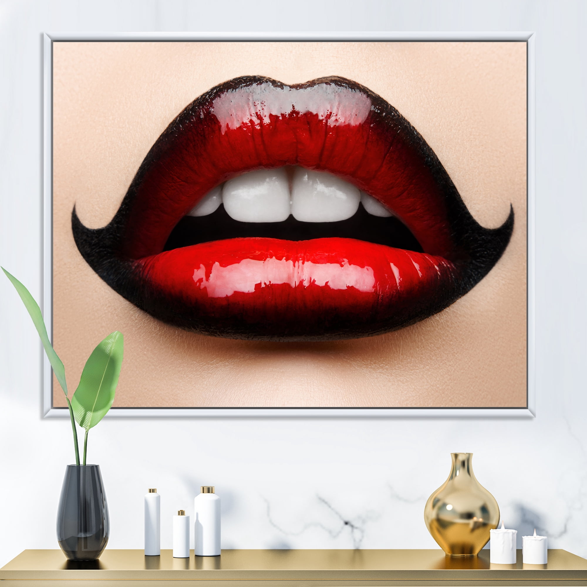 Designart 'Woman Lips With Red and Black Lipstick' Modern Framed Canvas Wall Art Print