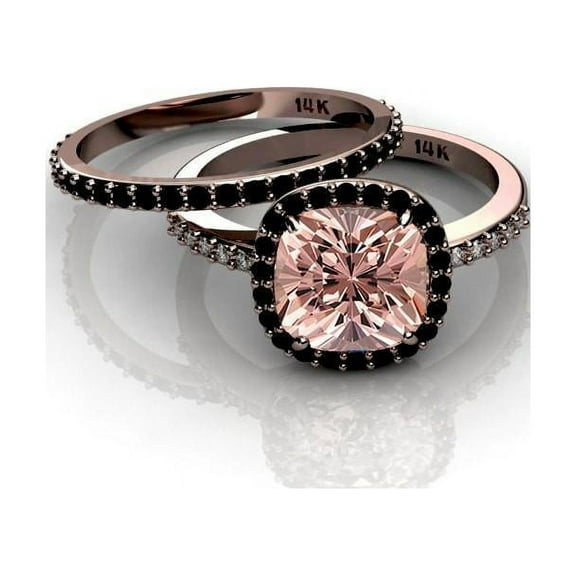 2.55 Carat 7mm Cushion Cut Morganite Ring with Black Diamond Moissanite Halo Bridal Set with 18k Gold Plating