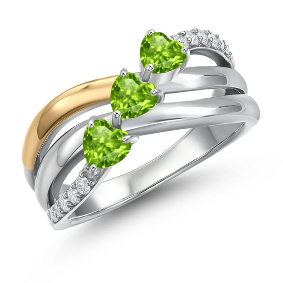 Gem Stone King 925 Silver and 10K Yellow Gold Green Peridot and Lab Grown Diamond Engagement Ring for Women | 0.99 Cttw | Heart Shape Gemstone August Birthstone | Size 6
