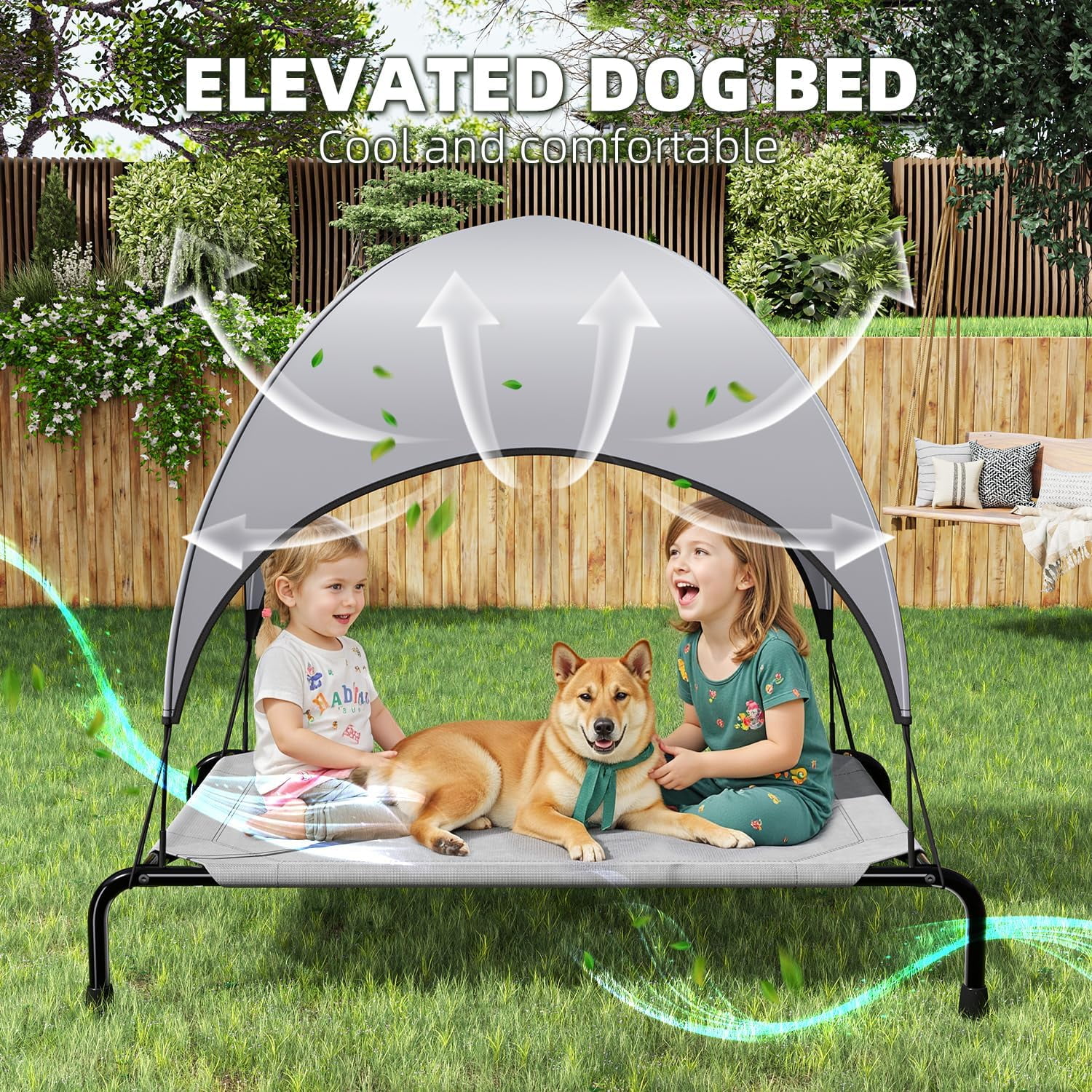 General Raised Dog Bed for Large Dogs with Canopy, Waterproof Elevated Dog Bed, Breathable Big Pet Cot, Grey