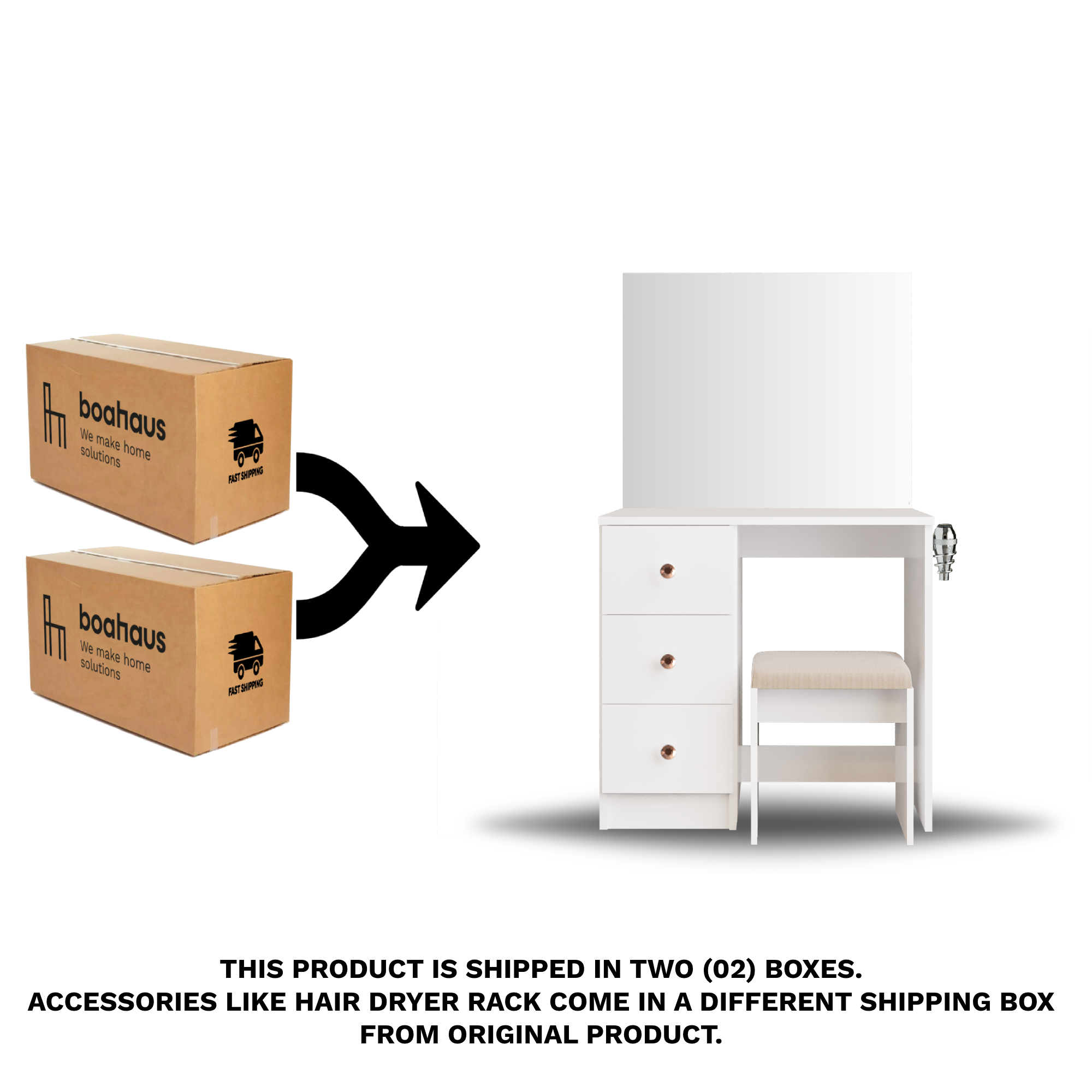 Ember Interiors Small Kids Vanity Makeup Desk Set with Chair, Drawers,Mirror,Rose Gold Crystal Knobs, White