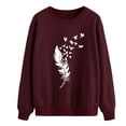 thumbnail image 1 of Sudadera de mujer con cuello redondo y manga larga con estampado de plumas, jersey informal holgado para mujer, Top con patrón blanco rojo vino S, 1 of 6