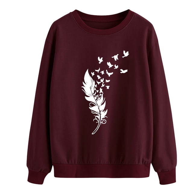 Sudadera de mujer con cuello redondo y manga larga con estampado de plumas, jersey informal holgado para mujer, Top con patrón blanco rojo vino S