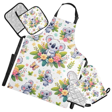 Cartoon Koala in Flower 5 Pcs Kitchen Set Heat Resistant Oven Mitts and Non-Slip Pot Holders with Adjustable Cooking Apron