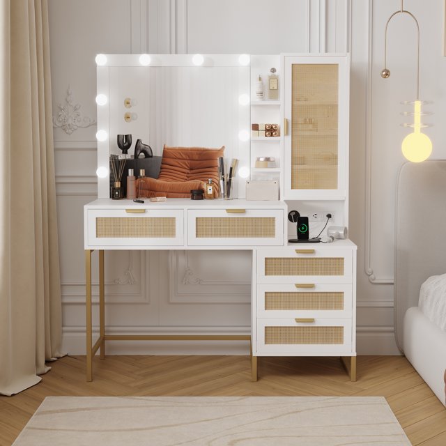 Yiwa White & Gold Vanity Desk with LED Lighted Mirror, 5 Storage Drawers, Modern Makeup Table**