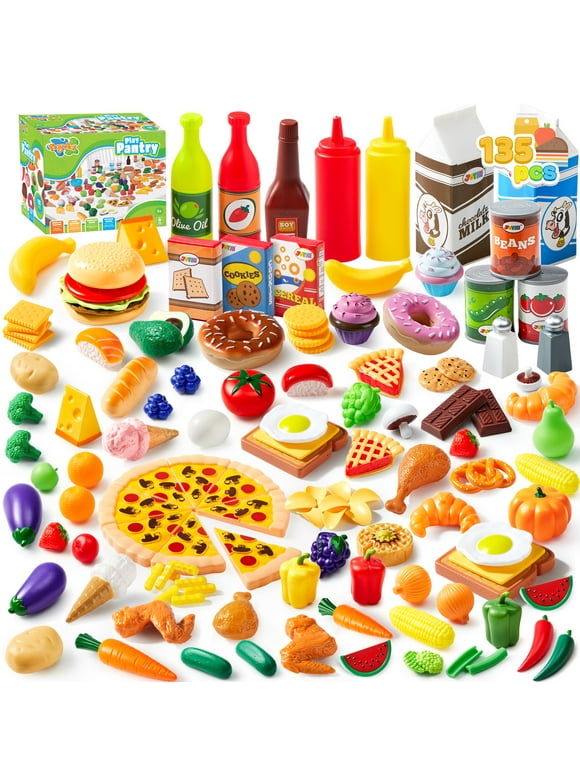 Syncfun 135 Pcs Play Food Set for Kids Kitchen, Pretend Play Toys for Kids Toddlers, Kitchen Accessories Fake Food Toy, Party Favor Christmas Stocking Stuffers