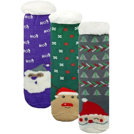 

Womens Bright Santa Christmas Print 3-Pack Sherpa Slipper Socks