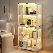 MIIFUNY Display Cabinet with Glass Doors 4 Tier Curio Cabinet & Bookshelf with LED, White