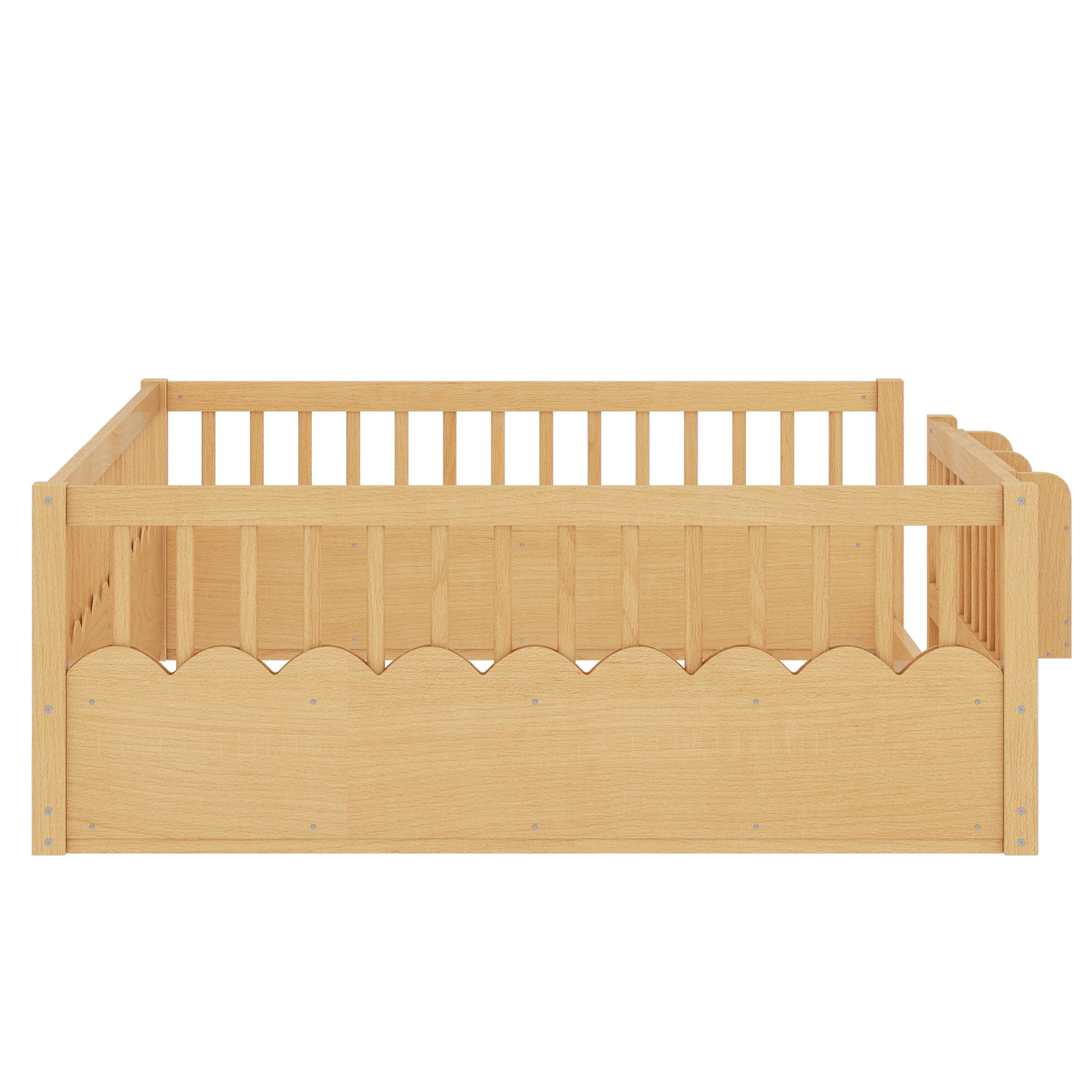 Mintazer Queen Montessori Floor Bed with Bookshelf & Heightened Fence, Kids Wood Floor Bed for Boys and Girls, Natural