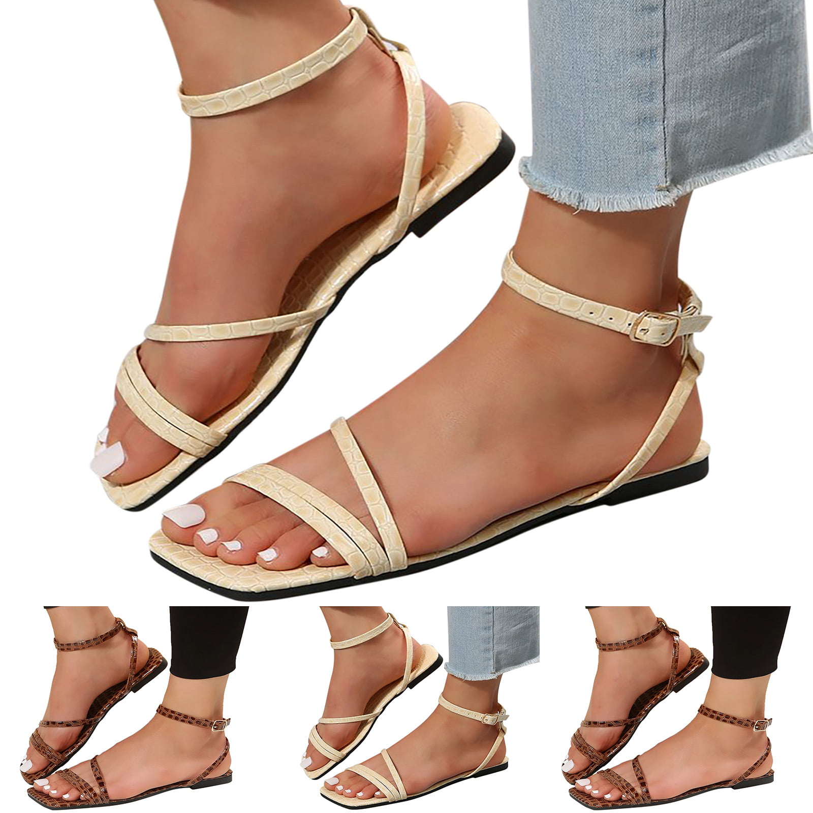Akiihool Sandals for Women Dressy Summer Women's Citrine Ella Flat Comfort Sandal- Supportive Adjustable Walking Sandals (Brown,9), Size: One Size