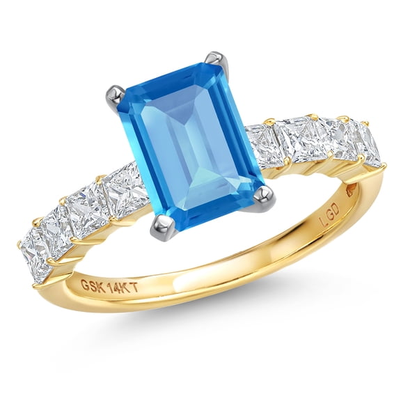 Gem Stone King 14K White And Yellow Gold Swiss Blue Topaz and Lab Grown Diamond Engagement Ring for Women | 4.96 Cttw | Octagon 10X8MM | Gemstone November Birthstone | Size 6