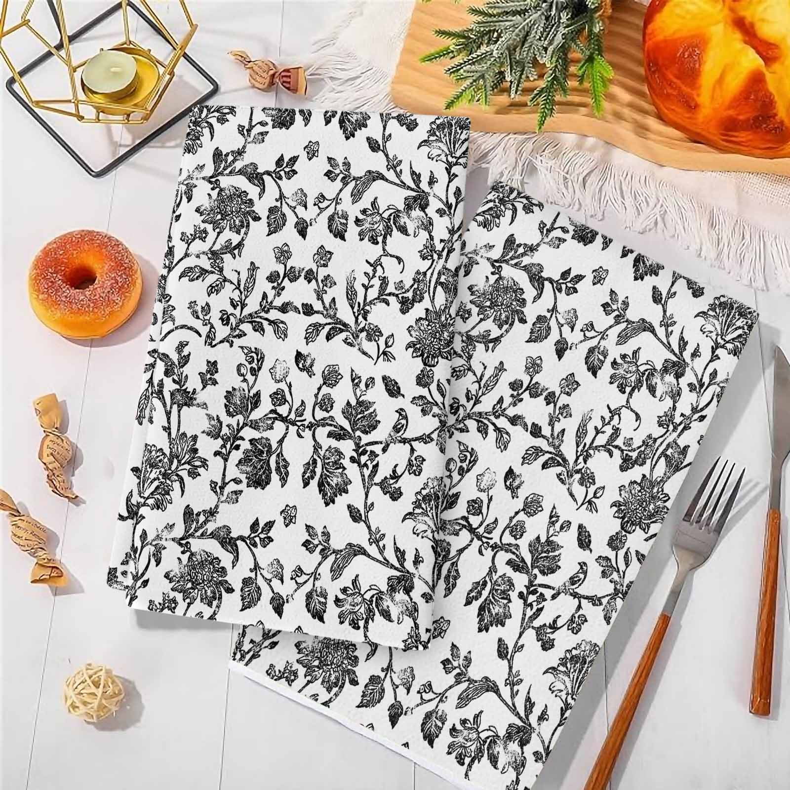 Black Flower Microfiber Kitchen Towel, Vintage Farmhouse Boho Leaf Spring Plant Soft Absorbent Dish Towels, Quick Drying Washable Dishcloths for Kitchen Cleaning, Drying Dishes, 18x28 Inches