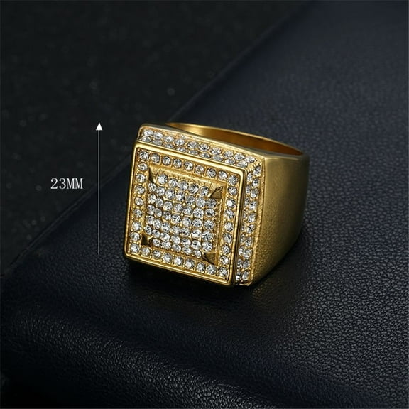 Hip Hop Iced Out Rings Male 14K Yellow Gold Cubic Zirconia Bling Large Big Square Rings For Men Punk Jewelry Gift