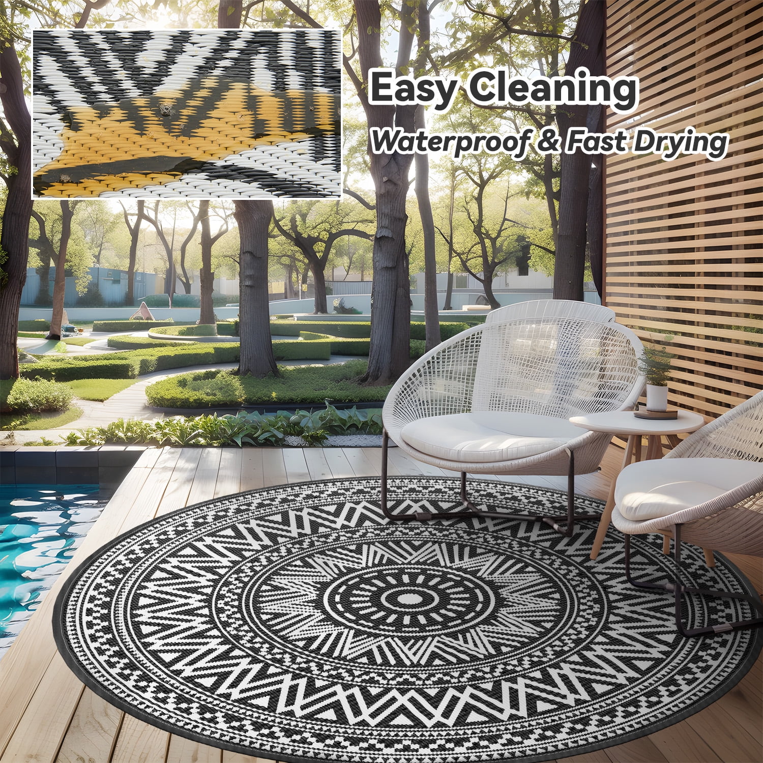 SIXHOME Outdoor Rugs 8'x8' Round Indoor Outdoor Rugs Waterproof Reversible Patio Rug Plastic Straw Lightweight Outdoor Carpet for RV Camping Deck Balcony Graden Beach Boho Porch Decor Black