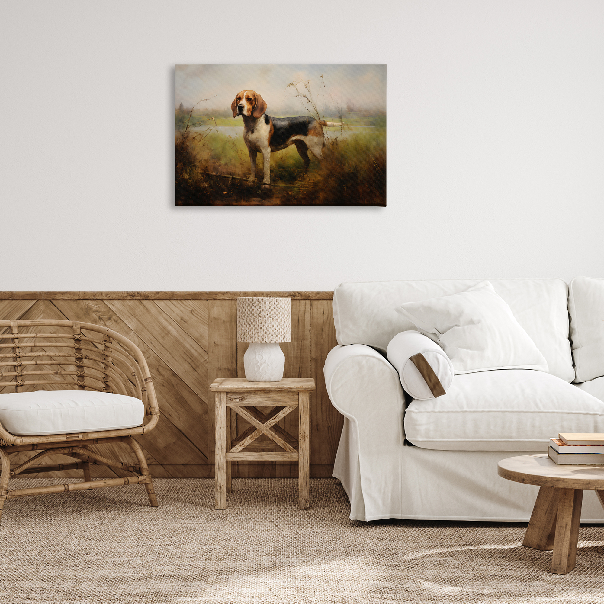 Stupell Industries Beagle Dog Rural Field Landscape Painting Gallery Wrapped Canvas Art Print Wall Art, 30 x 20