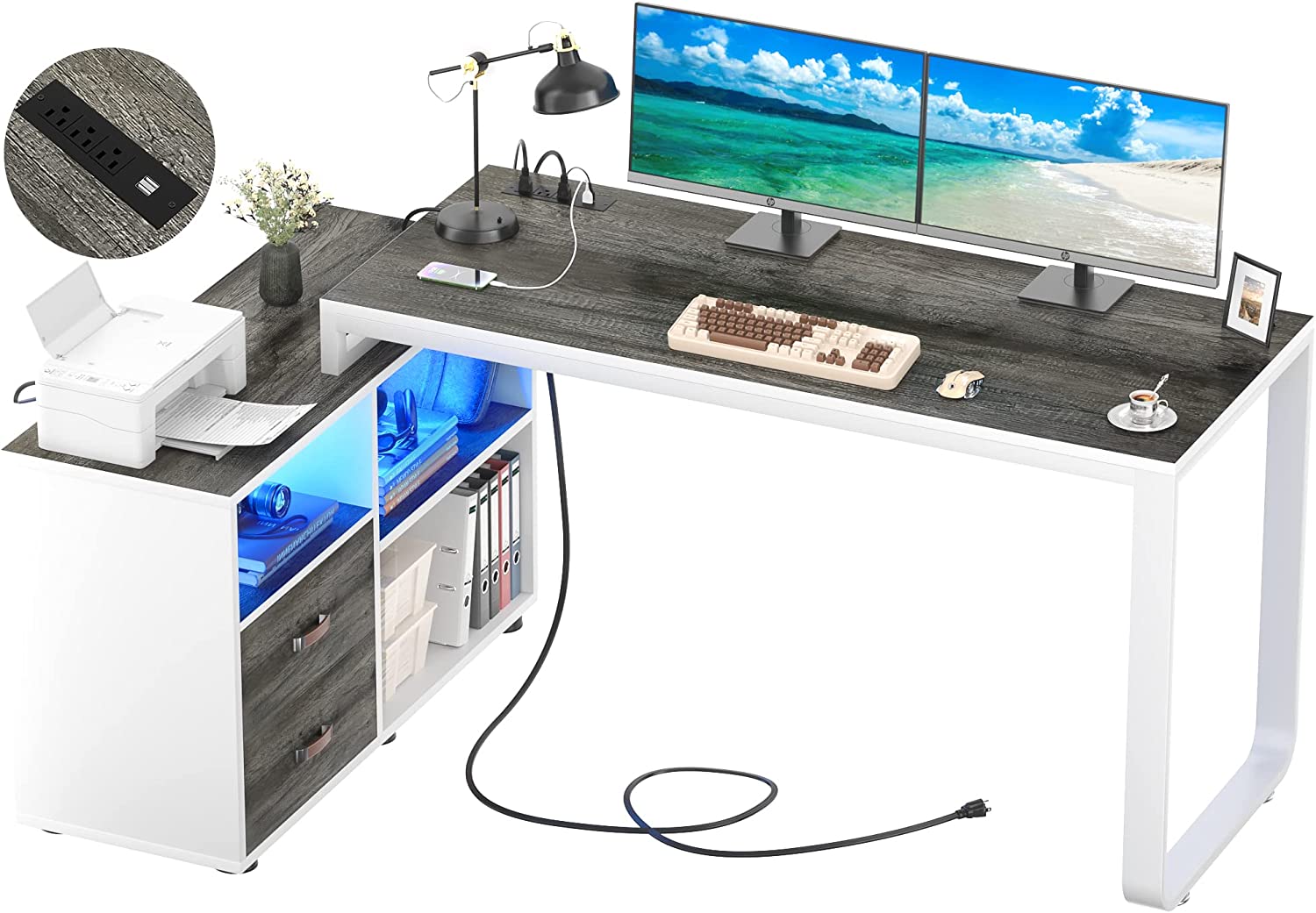Homieasy L Shaped Desk with File & Power Outlet, 55 Inch Large Corner Computer Desks