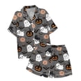 thumbnail image 4 of Halloween Pajamas Women,Cute Pjs for Women Satin Pajama Set Silk 2 Piece Sets Loungewear Button Down Short Sleeve Shirt and Shorts Pj Set Sleepwear Spooky Cute Gothic Pajamas Halloween Gifts Grey, 4 of 5