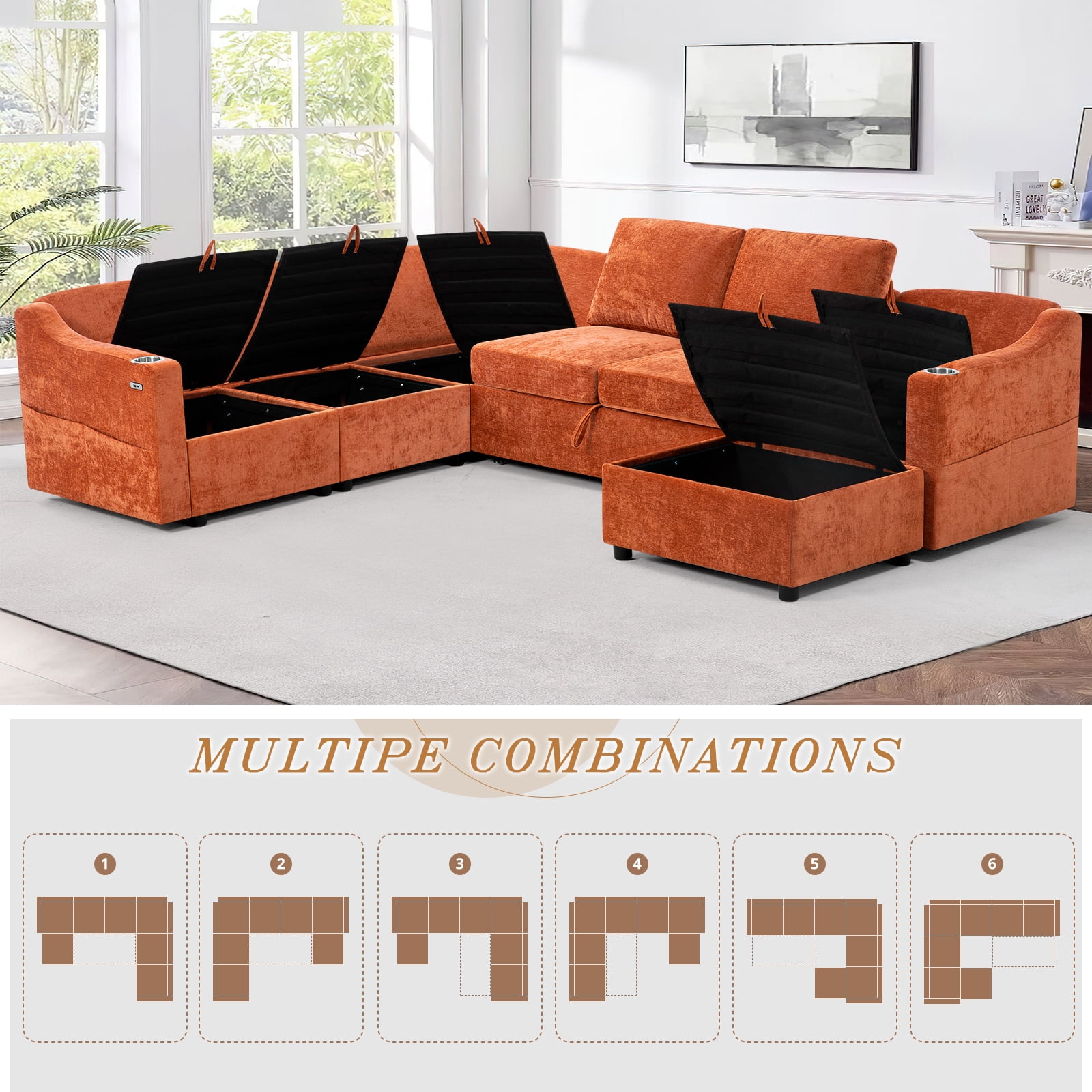 ACMEASE 116 Inches Chenille Sectional Couch w/Adjustable Backrests & Ottoman, Convertible U Shape Sleeper Sofa w/USB Ports, Modular Corner Sofa w/Pull-Out Bed & Storage Space for Living Room, Orange