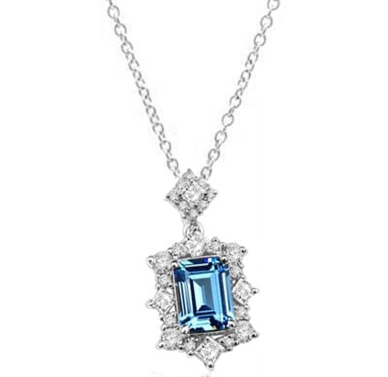 Prong Set Pendant with Simulated Emerald Cut and Princess Cut Aquamarine Essence and Round Brilliant Melee Diamonds by Diamond Essence set in Sterling Silver