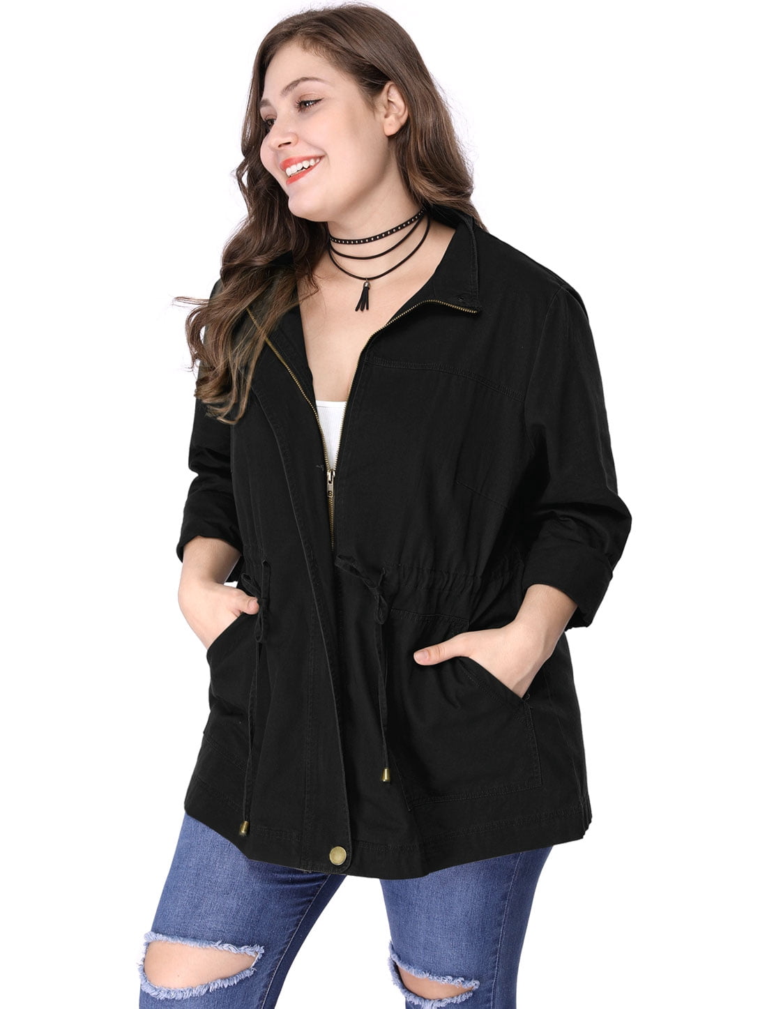 DARING DIVA Women's Plus Size Drawstring Waist Zip-up Utility Jacket 6X Black