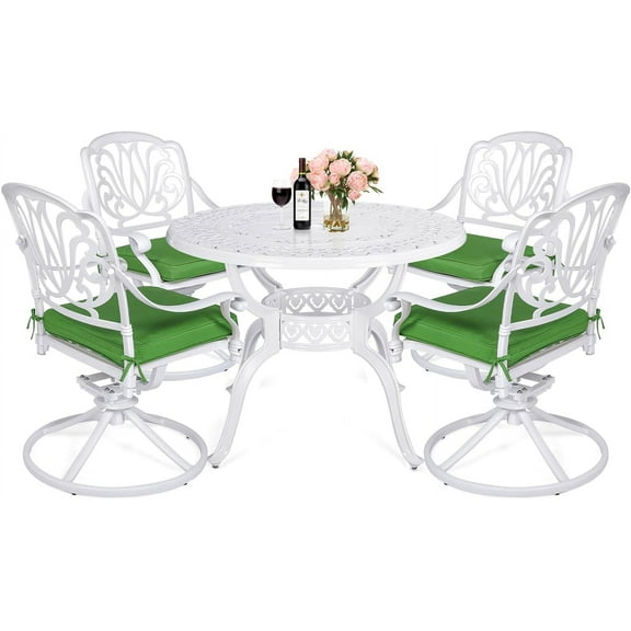 MEETWARM 5-Piece Outdoor Patio Dining Set, All-Weather Cast Aluminum Patio Conversation Set for Backyard Garden Deck with 4 Cushions Swivel Rocker Chairs and 38.5" Round Table, White