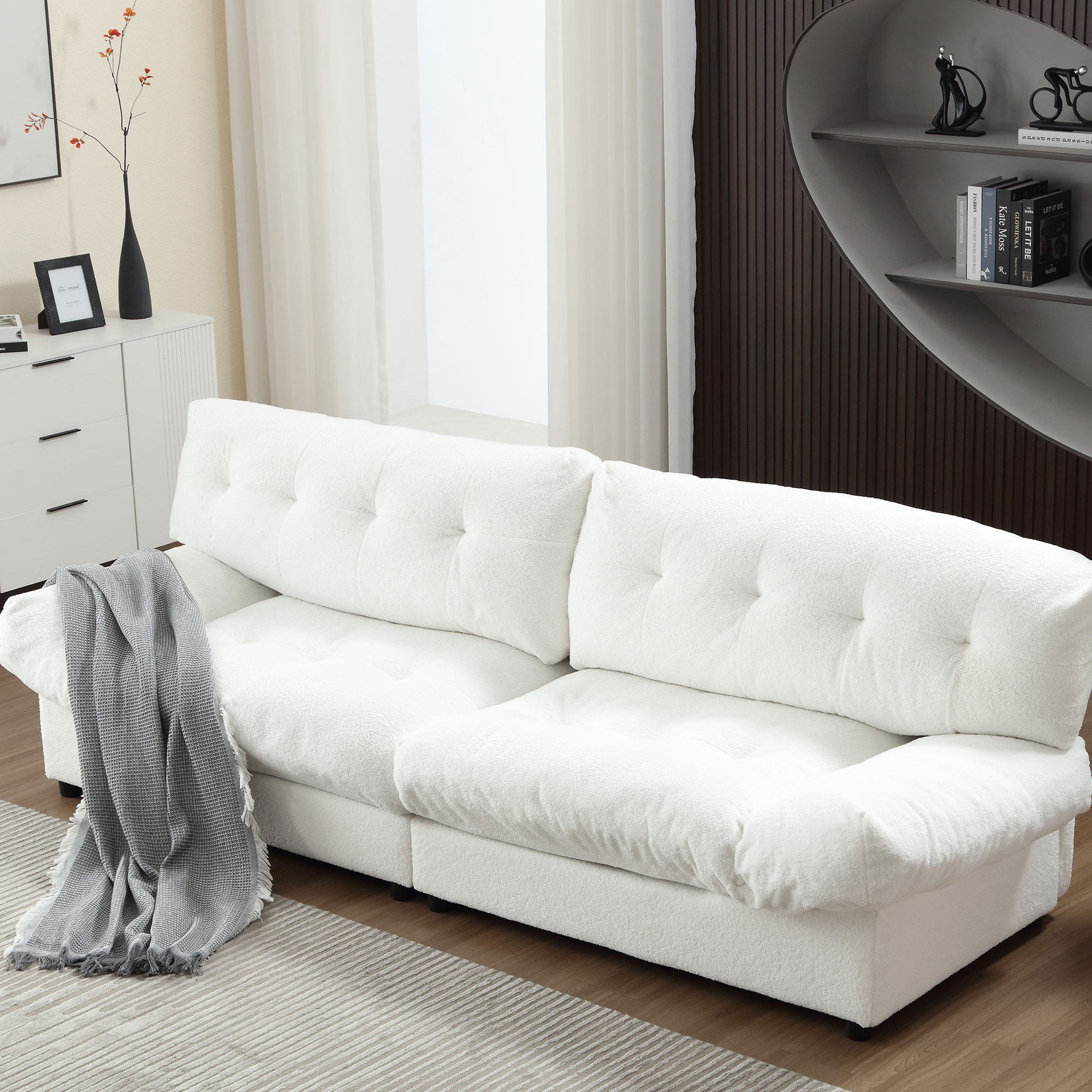 108" Oversized Comfy Sofa Couches,Teddy Velvet Fabric,Upholstered Sofas or Living Room,Apartment,White