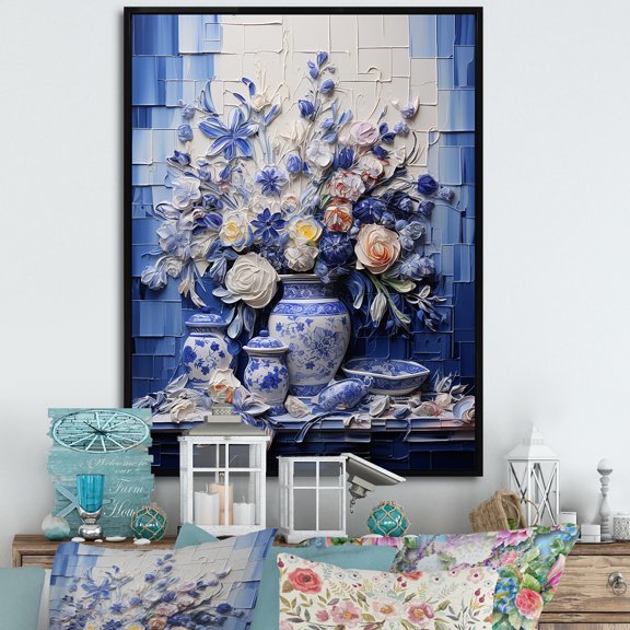 Designart "Boho Flower Pottery in Blue and White III" Geometric Framed Wall Art - Bohemian White Boho Pottery Living Room Framed Canvas Art