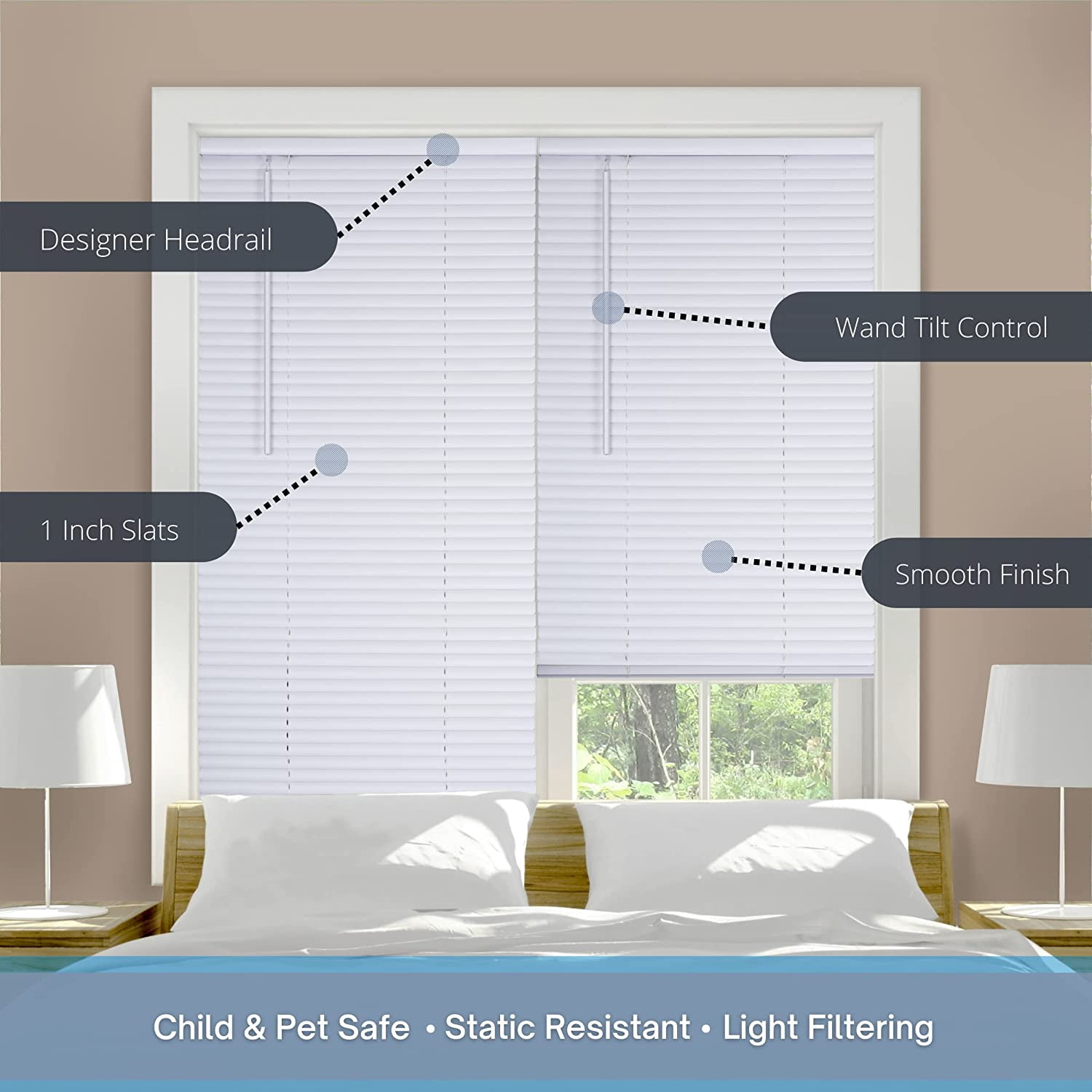LOTUS & WINDOWARE Cordless Mini Blind, 1" Vinyl Slats, 59" Wide x 60" Long - White, Window Blinds for Home and Office, Interior Door Blinds - Light Filtering