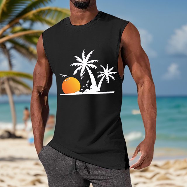 HUITKMM Tank Top Men's Summer Fashion Coconut Sunset Vest Design Wind Vest