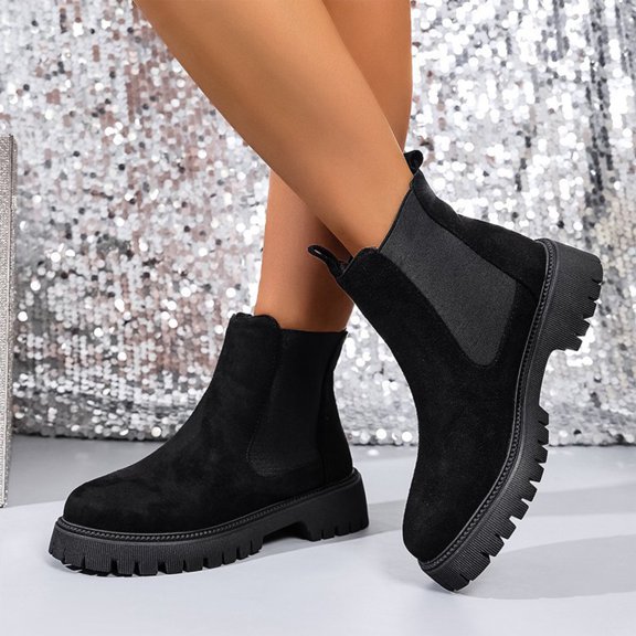 Chunky Chelsea Boots For Women Suede Comfy Platform Elastic Slip On Low Wedge Block Heel For All Season Work Classic Style Ankle Boots