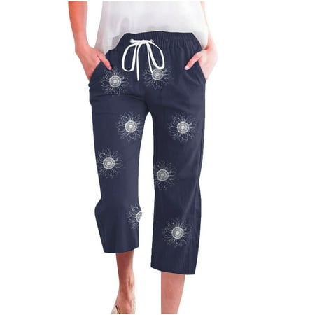 DXOUPM Women s Pants Women s Spring and Summer Printed Lace Up Pocket Loose Wide Legged Capris Women s Wide Leg Pants Lounge Pants for Women Womens Jogger Sweatpants Navy S