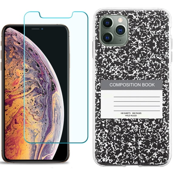 For Apple iPhone 11 PRO Case, Slim-Fit TPU Protective Phone Case (Pink Bezel) with Tempered Glass Screen Protector, by OneToughShield ® - Composition Book