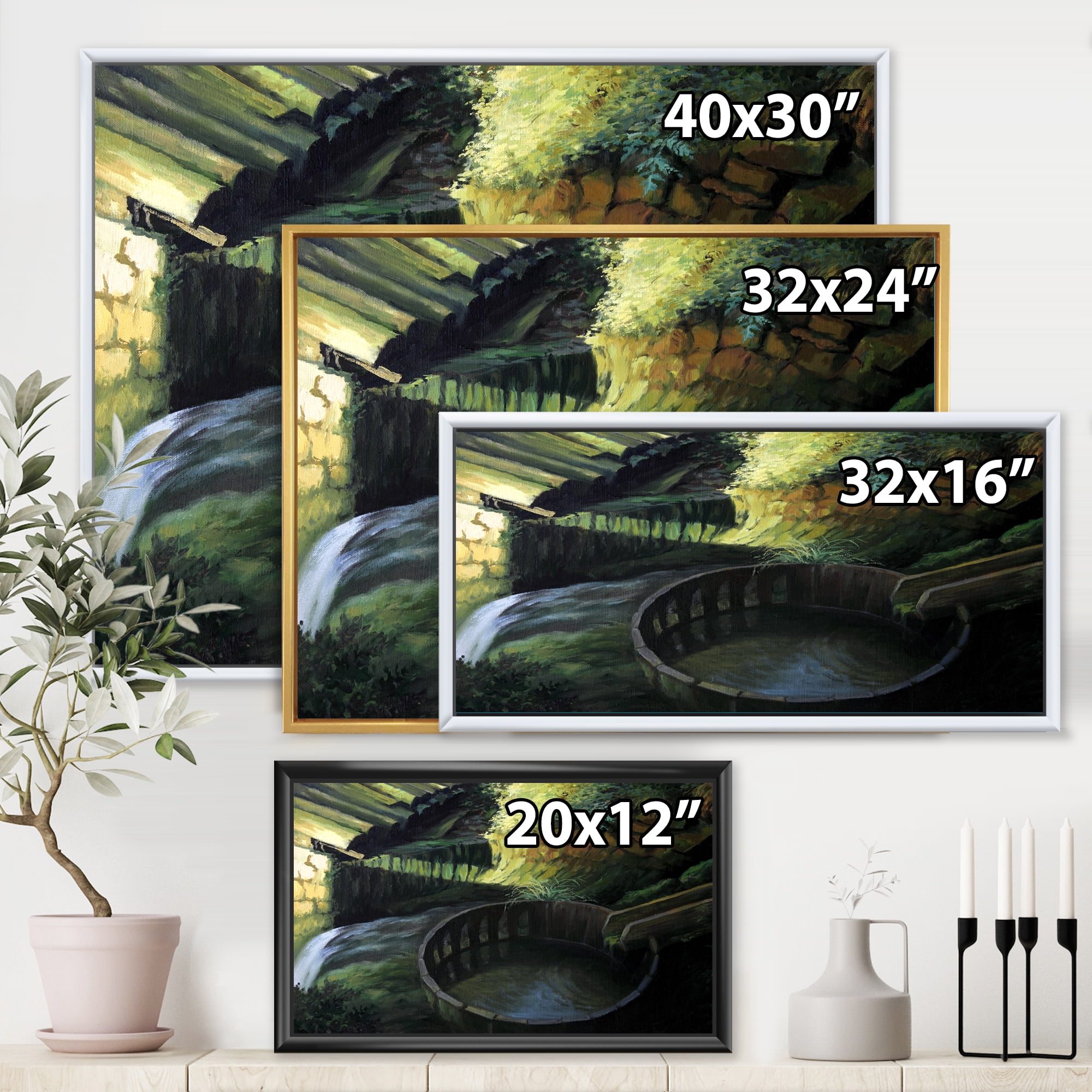 Designart 'Old Watermill In Green Nature Landscape' Lake House Framed Canvas Wall Art Print