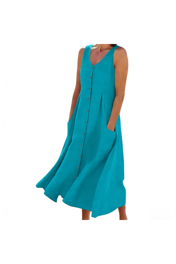 Flowy Dresses for Women Sleeveless Button Down Dress Maxi Sundresses Ladies Summer Long Dresses with Pockets
