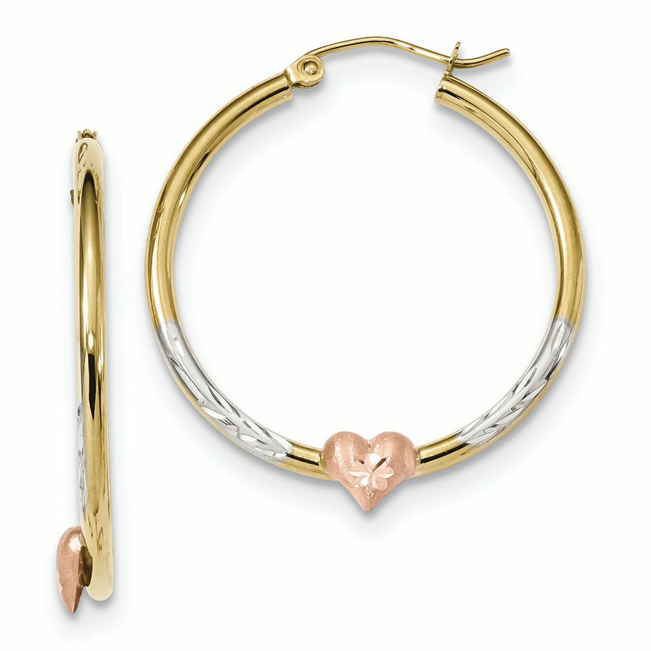 10K Tri Color Gold 3.5 MM Diamond-cut Heart Hoop Earrings (29.61 x 33.55 MM)