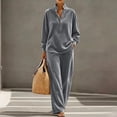 thumbnail image 5 of Brnmyaeo Women's Velour Tracksuit Set Mock Neck Velvet Loungewear Outfit Henley Button Pullover Loose Fit Wide Leg Lounge Pants Fall 2 Piece Sets, 5 of 8