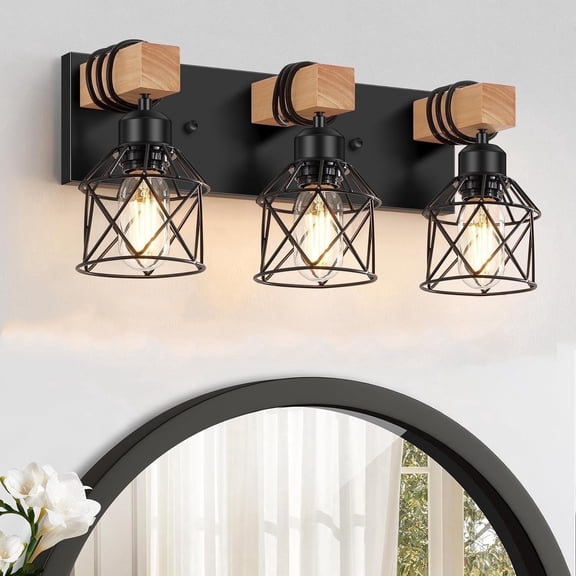 3-Light Farmhouse Wood Bathroom Vanity Lights over Mirror with Metal Cage Lampshade Rustic Bathroom Light Fixtures for Mirror, Living Room, Bedroom, Hallway