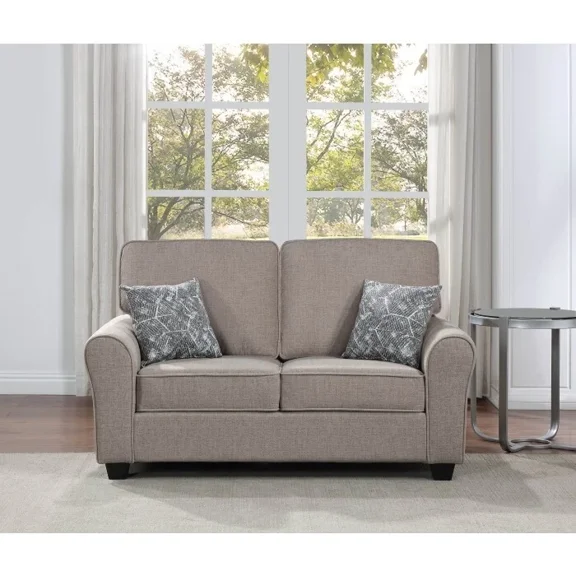 Contemporary Upholstered Loveseat with Pillows, Flared Round Armrest, Living Room 2 Seater Sofa Couch, Taupe