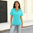 thumbnail image 4 of Womens Polo Shirts Short Sleeve Banded Bottom Tops Business Casual Tops Collared V Neck Dressy Blouses Cyan XL, 4 of 4