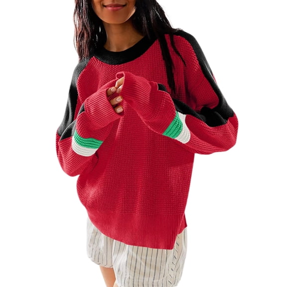 Womens Color Block Waffle Knit Sweaters Crewneck Long Sleeve Loose Fall Pullover