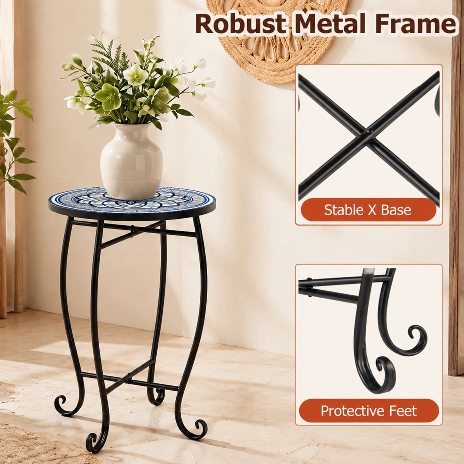 Biotree 14 Inch Mosaic Outdoor Side Table, Metal Patio Accent Plant Stand with Floral Lotus Top and Stable X-Base for Garden Porch Indoors, White