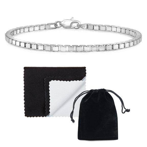 2.7mm Solid .925 Sterling Silver Square Box Chain Bracelet, 7 inches
