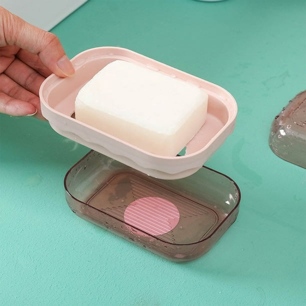 Jabonera de plástico con tapa y bandeja de drenaje | Jabonera de encimera para baño y viajes | Jabonera resistente al agua en azul oscuro, rosa o beige
